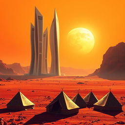 Futuristic parametric architecture featuring sleek, organic shapes of skyscrapers towering over a vast desert landscape