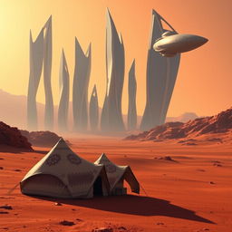 Futuristic parametric architecture featuring sleek, organic shapes of skyscrapers towering over a vast desert landscape