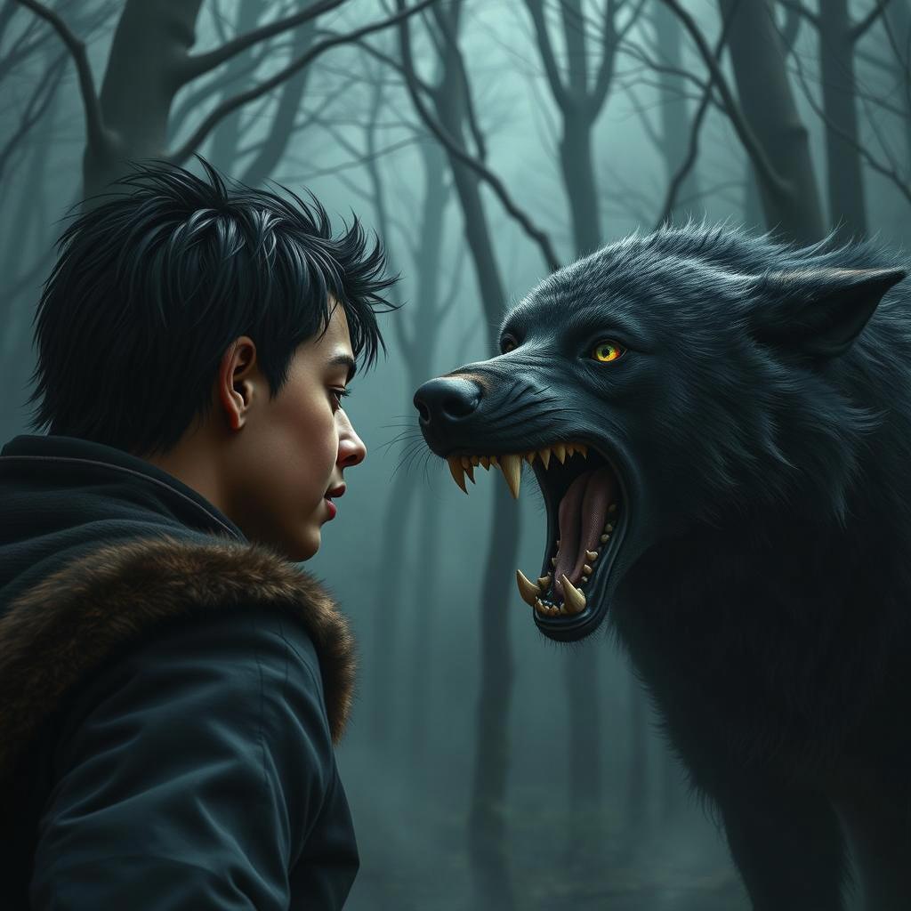 A young male character, looking determined and fierce, stands face-to-face with a large, intimidating wolf in a misty forest