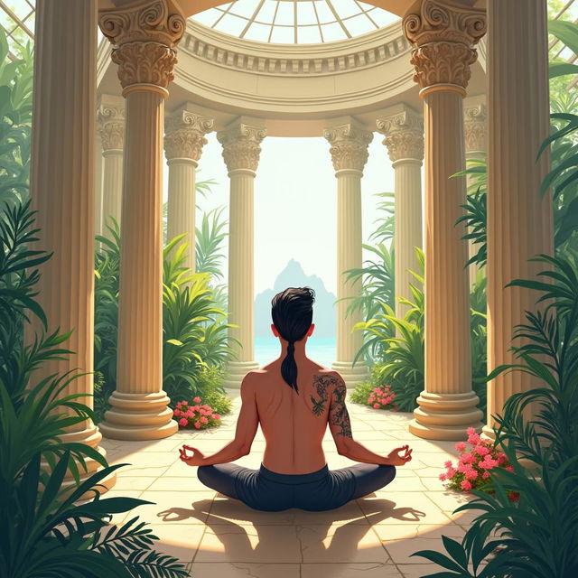 An illustration showcasing a serene scene inside a peaceful Greek temple, where a man with a modern mullet hairstyle and tattoos on one arm is practicing yoga in the lotus position