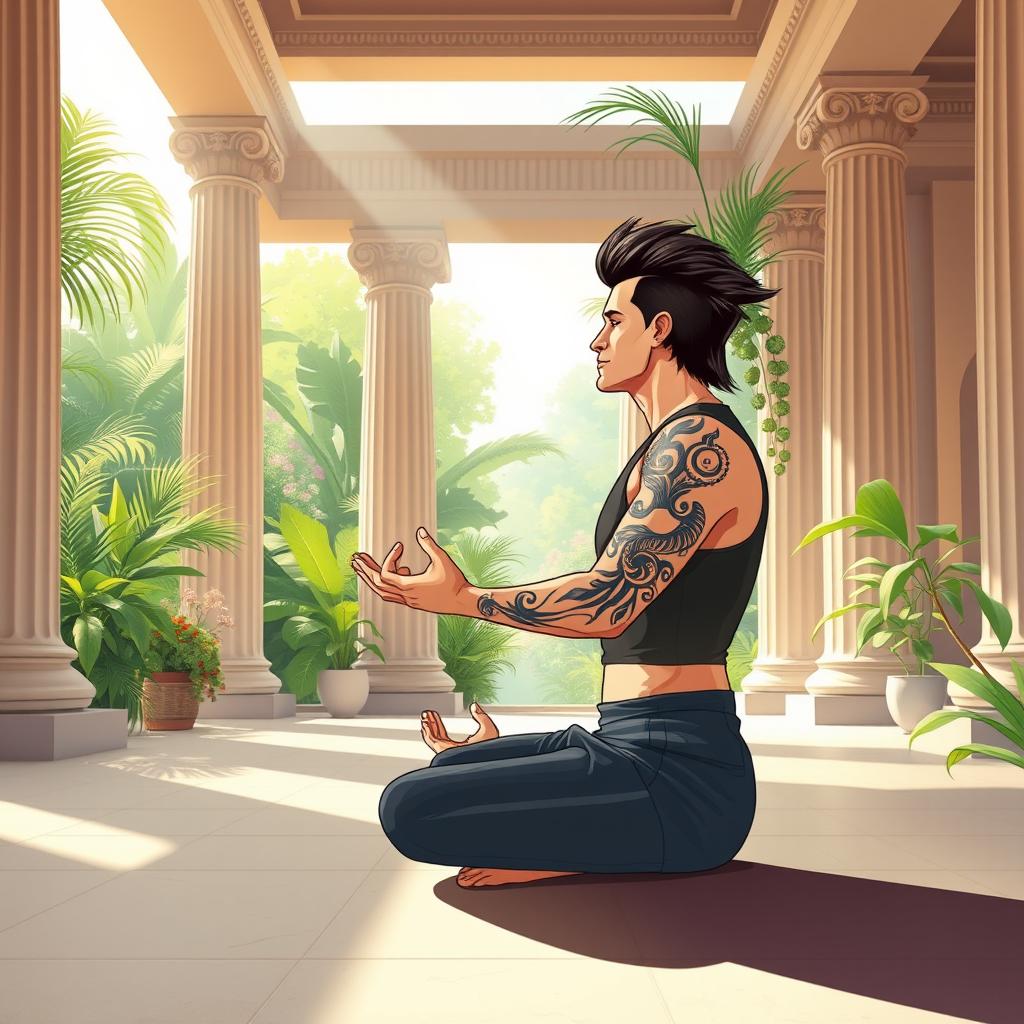 An illustration of a tranquil scene inside a peaceful Greek temple, featuring a man with a modern mullet hairstyle and tattoos adorning one arm, practicing yoga in the lotus position