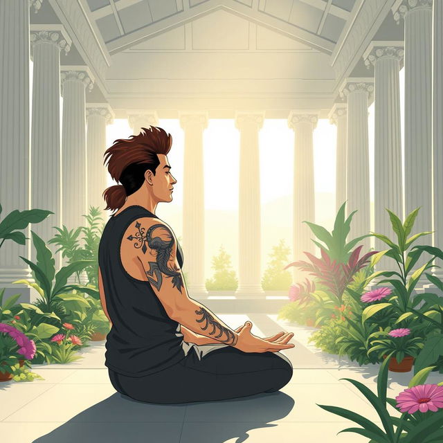 An illustration of a tranquil scene inside a peaceful Greek temple, featuring a man with a modern mullet hairstyle and tattoos adorning one arm, practicing yoga in the lotus position