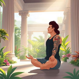 An illustration of a tranquil scene inside a peaceful Greek temple, featuring a man with a modern mullet hairstyle and tattoos adorning one arm, practicing yoga in the lotus position
