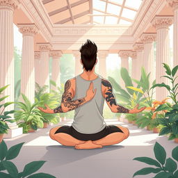 An illustration of a tranquil scene inside a peaceful Greek temple, featuring a man with a modern mullet hairstyle and tattoos adorning one arm, practicing yoga in the lotus position