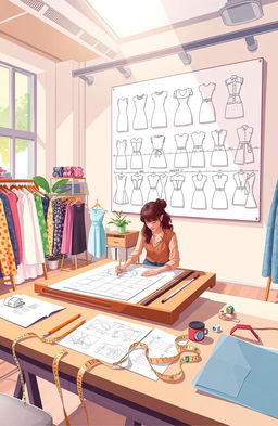 An educational illustration showcasing the process of pattern making and grading in fashion design