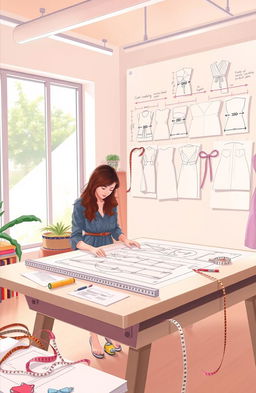 An educational illustration showcasing the process of pattern making and grading in fashion design