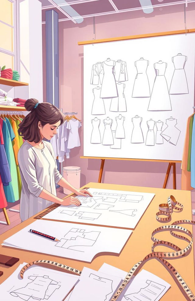 An educational illustration showcasing the process of pattern making and grading in fashion design