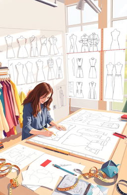 An educational illustration showcasing the process of pattern making and grading in fashion design