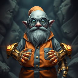 A grey-skinned, beardless deep gnome wearing binocular-type glasses and dressed in an orange and grey prison jumpsuit
