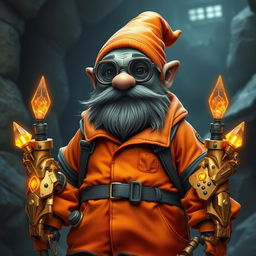 A grey-skinned, beardless deep gnome wearing binocular-type glasses and dressed in an orange and grey prison jumpsuit