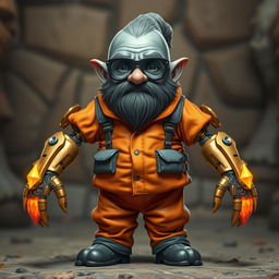 A grey-skinned, beardless deep gnome wearing binocular-type glasses and dressed in an orange and grey prison jumpsuit