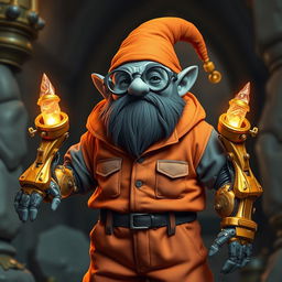 A grey-skinned, beardless deep gnome wearing binocular-type glasses and dressed in an orange and grey prison jumpsuit