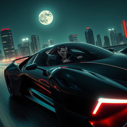 A futuristic sleek and sporty car with a vampire in the driver's seat, driving at night