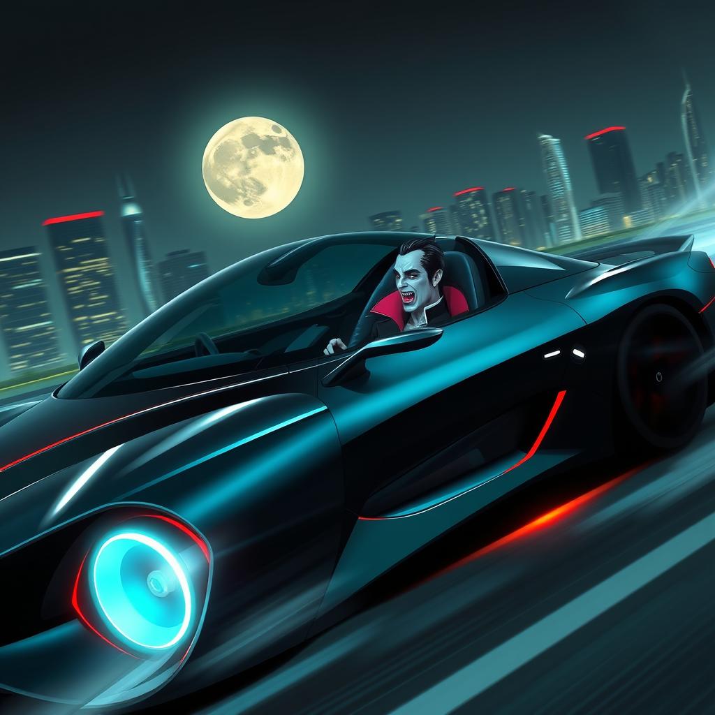 A futuristic sleek and sporty car with a vampire in the driver's seat, driving at night