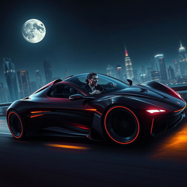 A futuristic sleek and sporty car with a vampire in the driver's seat, driving at night