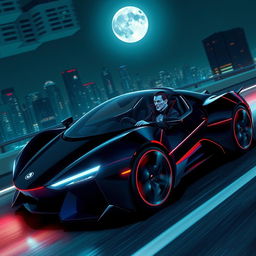 A futuristic sleek and sporty car with a vampire in the driver's seat, driving at night