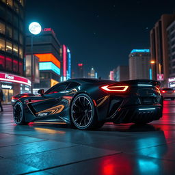 A futuristic sleek and sporty car parked on a city street at night