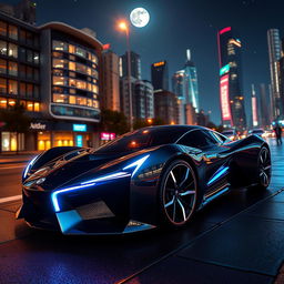 A futuristic sleek and sporty car parked on a city street at night