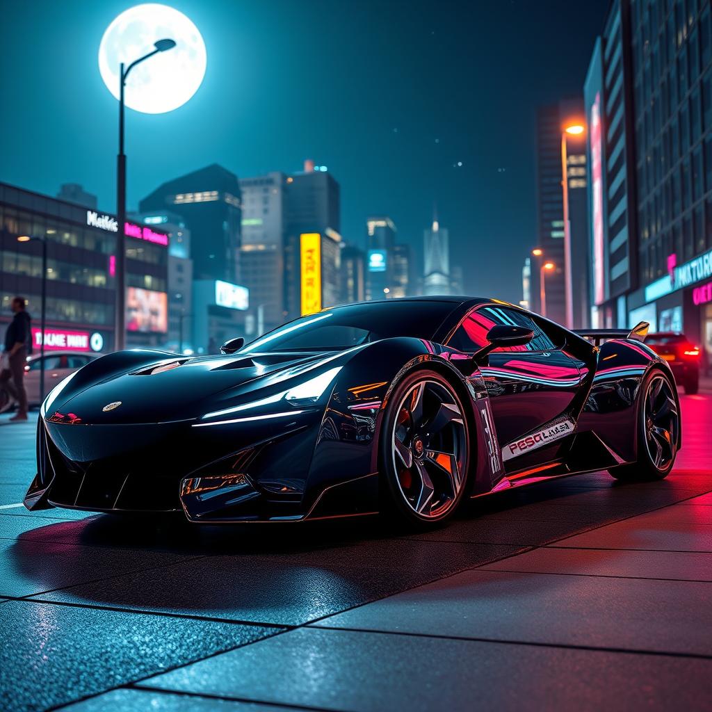 A futuristic sleek and sporty car parked on a city street at night