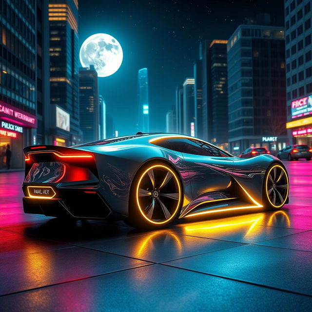 A futuristic sleek and sporty car parked on a city street at night