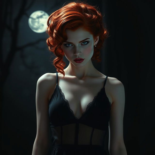 A captivating vampire with curly red hair styled elegantly, wearing a translucent black babydoll, exuding an air of mystery and allure