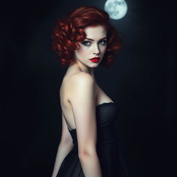 A captivating vampire with curly red hair styled elegantly, wearing a translucent black babydoll, exuding an air of mystery and allure