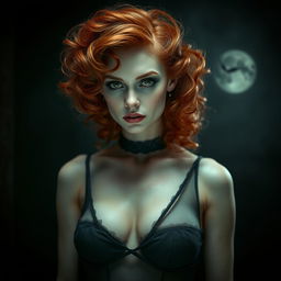 A captivating vampire with curly red hair styled elegantly, wearing a translucent black babydoll, exuding an air of mystery and allure