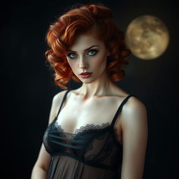 A captivating vampire with curly red hair styled elegantly, wearing a translucent black babydoll, exuding an air of mystery and allure