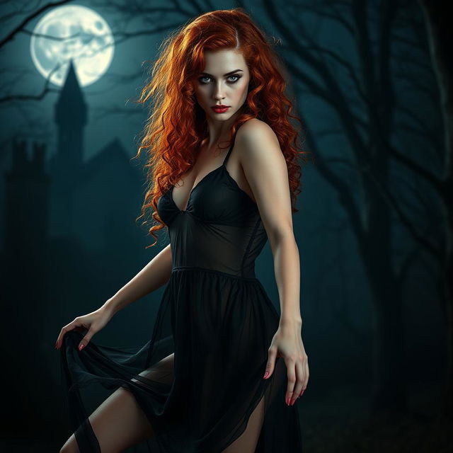 A striking full-body image of a long curly red-haired vampire in a translucent black babydoll, poised in a dramatic pose as she stalks her prey