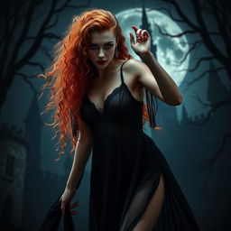 A striking full-body image of a long curly red-haired vampire in a translucent black babydoll, poised in a dramatic pose as she stalks her prey
