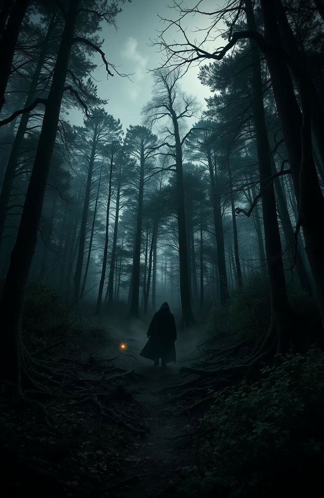 A dark, atmospheric scene set in the Forest of Dean, inspired by the Harry Potter universe