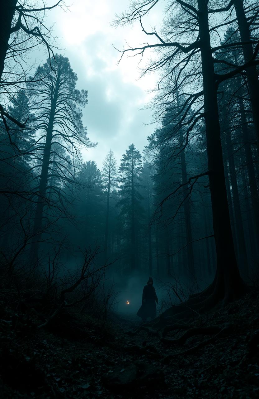 A dark, atmospheric scene set in the Forest of Dean, inspired by the Harry Potter universe