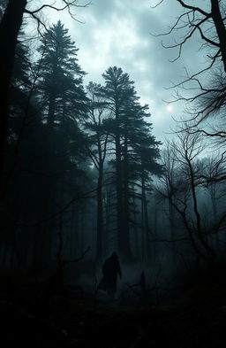 A dark, atmospheric scene set in the Forest of Dean, inspired by the Harry Potter universe
