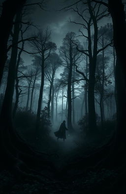 A dark, atmospheric scene set in the Forest of Dean, inspired by the Harry Potter universe