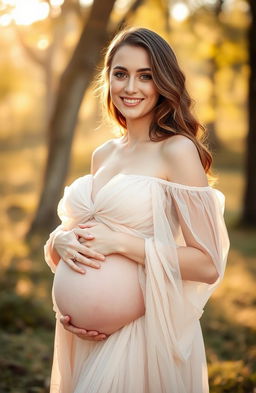 Portrait of a radiant young woman resembling a popular actress, dressed in a flowing, ethereal gown that hints at her pregnancy, set against a soft, natural backdrop