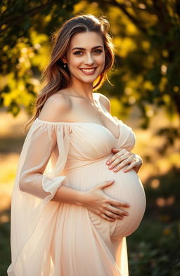 Portrait of a radiant young woman resembling a popular actress, dressed in a flowing, ethereal gown that hints at her pregnancy, set against a soft, natural backdrop