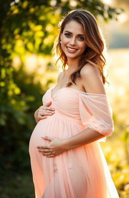 Portrait of a radiant young woman resembling a popular actress, dressed in a flowing, ethereal gown that hints at her pregnancy, set against a soft, natural backdrop
