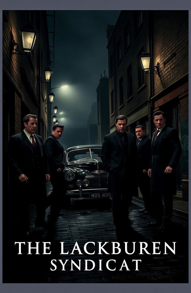 A gritty and atmospheric scene from 'The Blackburn Syndicate', a Northern England gangster story, featuring dark alleyways, moody streetlamps casting shadows, and a group of rugged men in sharp suits discussing their plans