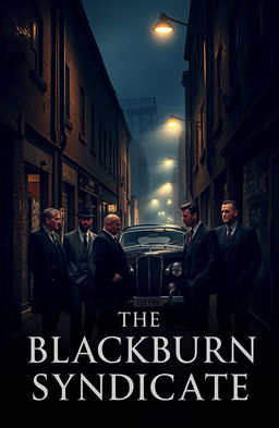 A gritty and atmospheric scene from 'The Blackburn Syndicate', a Northern England gangster story, featuring dark alleyways, moody streetlamps casting shadows, and a group of rugged men in sharp suits discussing their plans