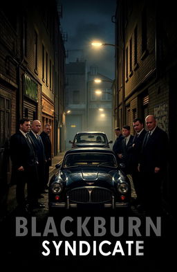 A gritty and atmospheric scene from 'The Blackburn Syndicate', a Northern England gangster story, featuring dark alleyways, moody streetlamps casting shadows, and a group of rugged men in sharp suits discussing their plans