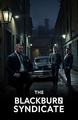 A gritty and atmospheric scene from 'The Blackburn Syndicate', a Northern England gangster story, featuring dark alleyways, moody streetlamps casting shadows, and a group of rugged men in sharp suits discussing their plans