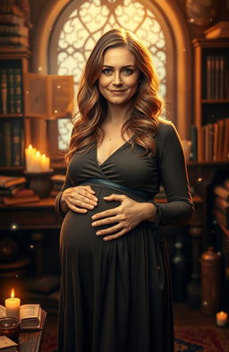 A cinematic portrayal of Hermione Granger, portrayed as a confident and radiant pregnant woman