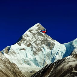 The majestic Mount Everest, its peak piercing the clear blue sky, surrounded by fluttering prayer flags and an expanse of white snow.