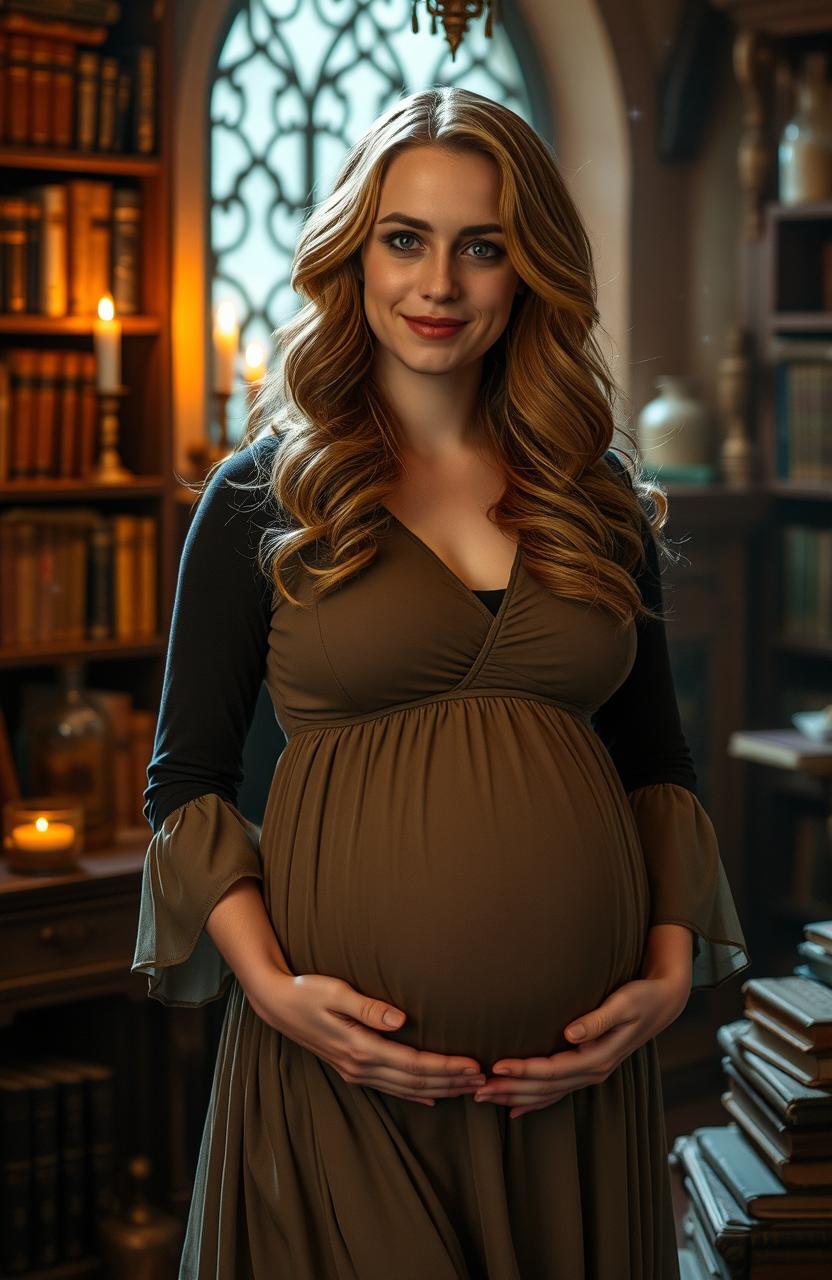 A cinematic portrayal of Hermione Granger, portrayed as a confident and radiant pregnant woman