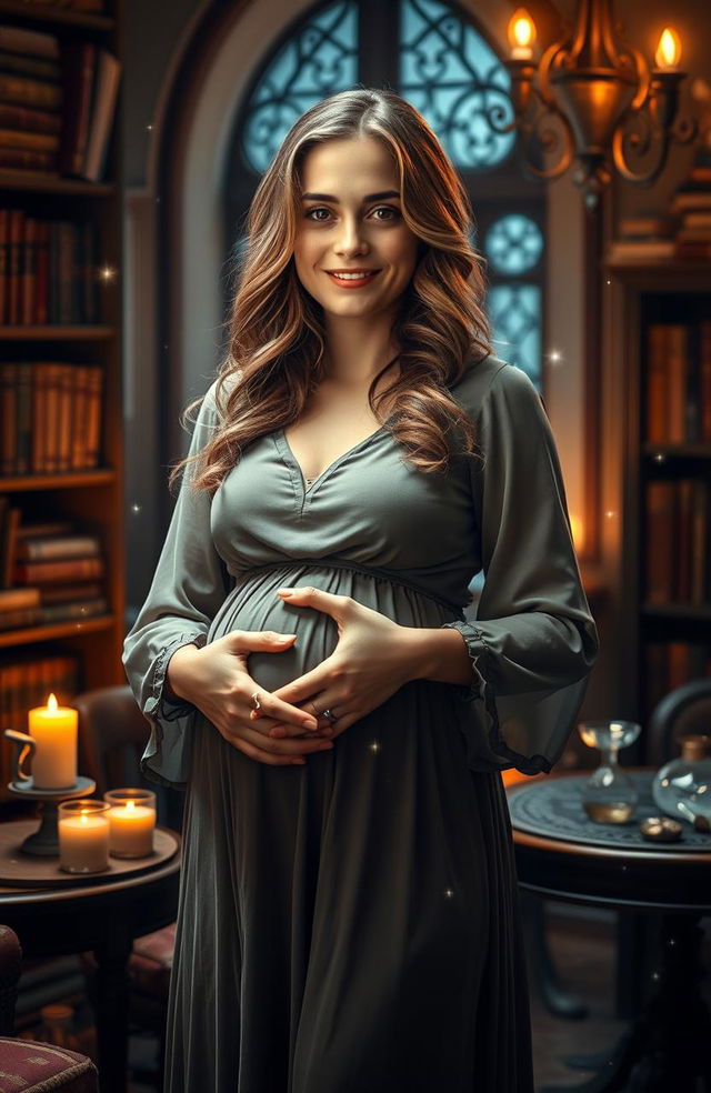 A cinematic portrayal of Hermione Granger, portrayed as a confident and radiant pregnant woman