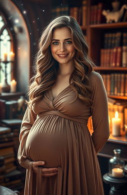 A cinematic portrayal of Hermione Granger, portrayed as a confident and radiant pregnant woman