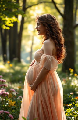 A profile view of a woman resembling Hermione Granger from the Harry Potter series, showcasing her in a beautifully flowing dress that hints at a visible pregnancy