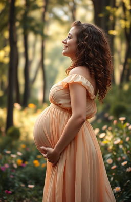 A profile view of a woman resembling Hermione Granger from the Harry Potter series, showcasing her in a beautifully flowing dress that hints at a visible pregnancy