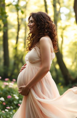 A profile view of a woman resembling Hermione Granger from the Harry Potter series, showcasing her in a beautifully flowing dress that hints at a visible pregnancy