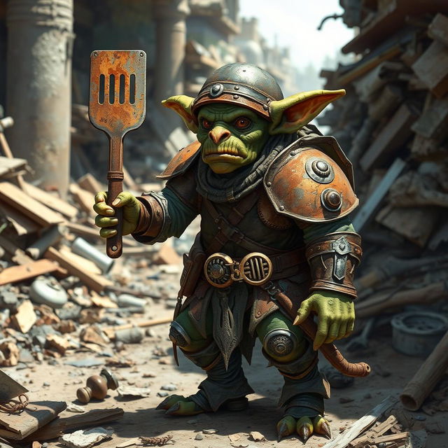 A full-body illustration of a goblin inventor character from Pathfinder 2E, depicted in a richly detailed fantasy medieval style